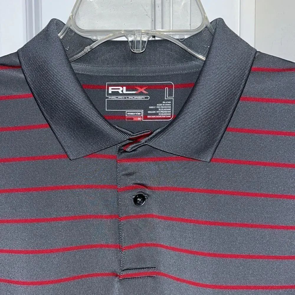 RLX POLO Ralph Lauren Gray Red Stripe Golf Resort Club Polo Shirt NO LOGO L